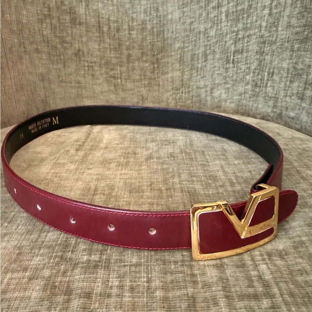 Valentino Burgundy Leather Belt with Gold V Buckle - Picture 3 of 5